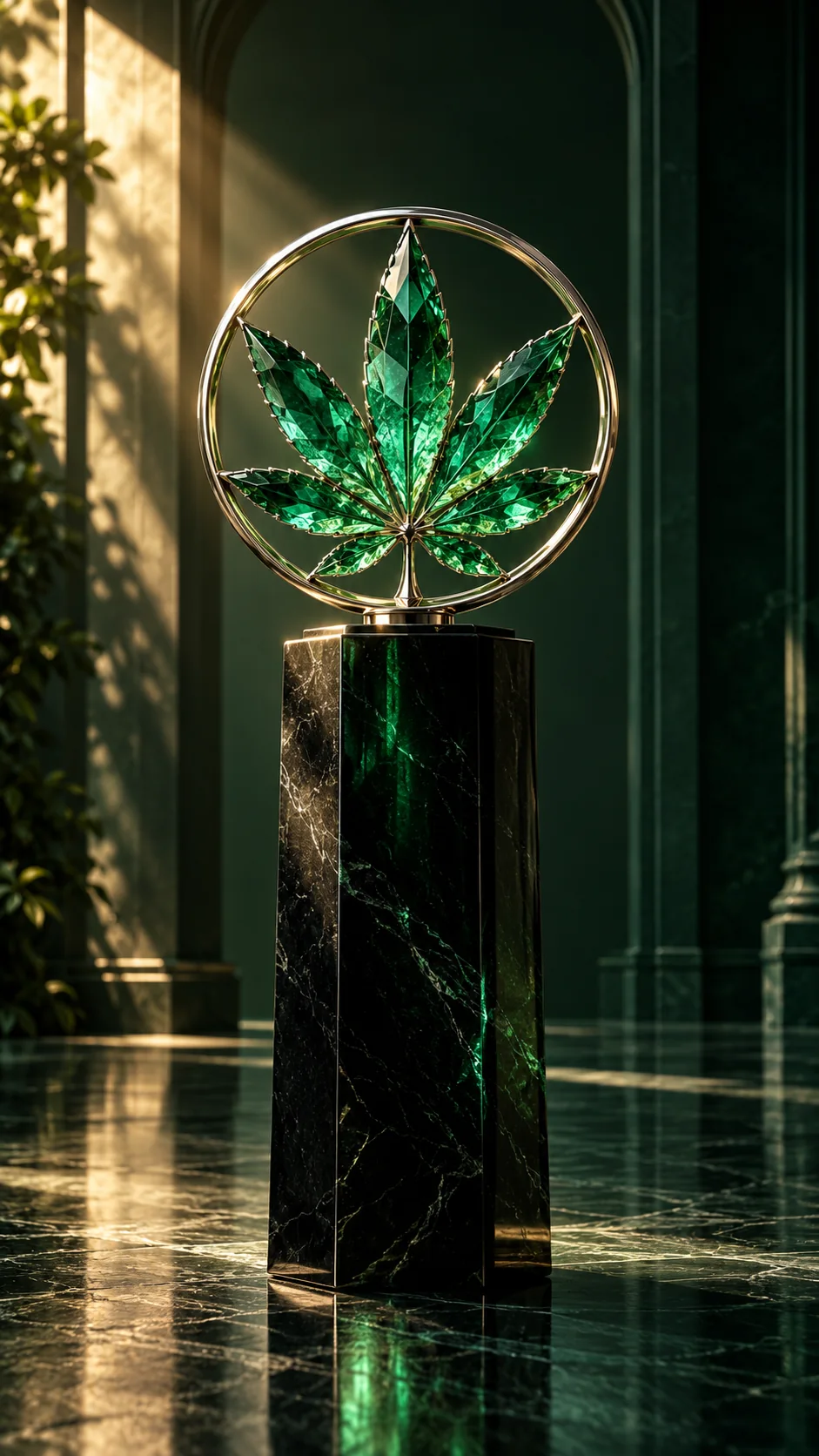 Tall sculptural emerald crystal composition