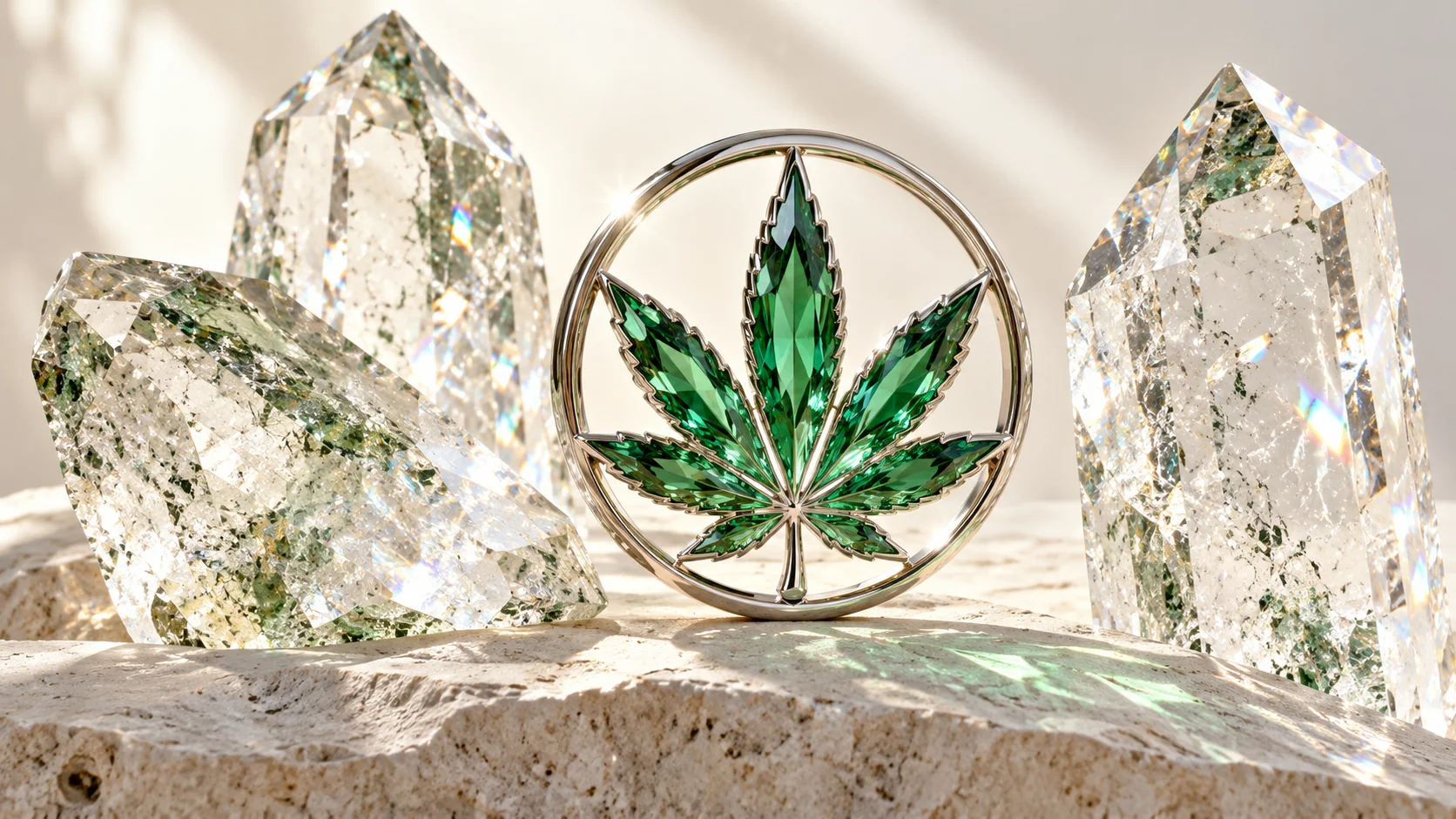 Light passing through an emerald crystal sculpture