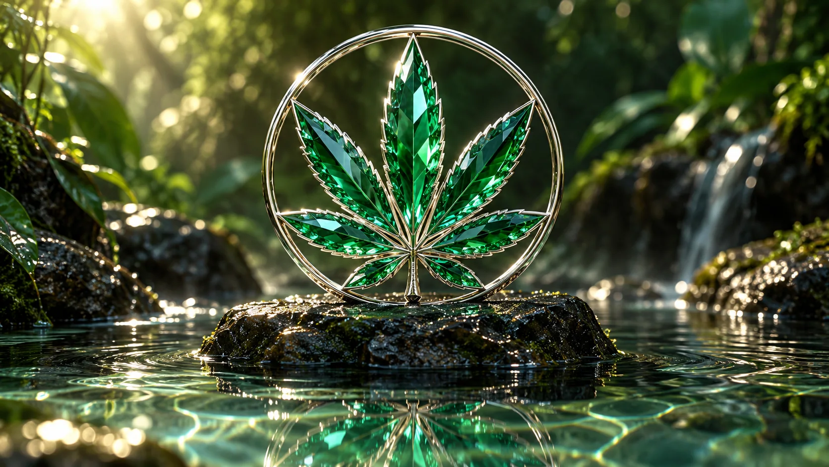 Emerald crystal and clean reflective water