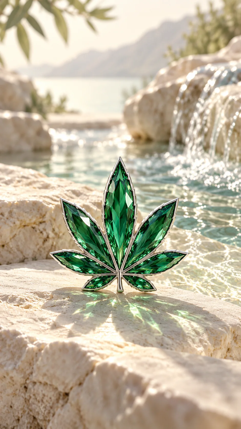 Emerald crystal with flowing clear water