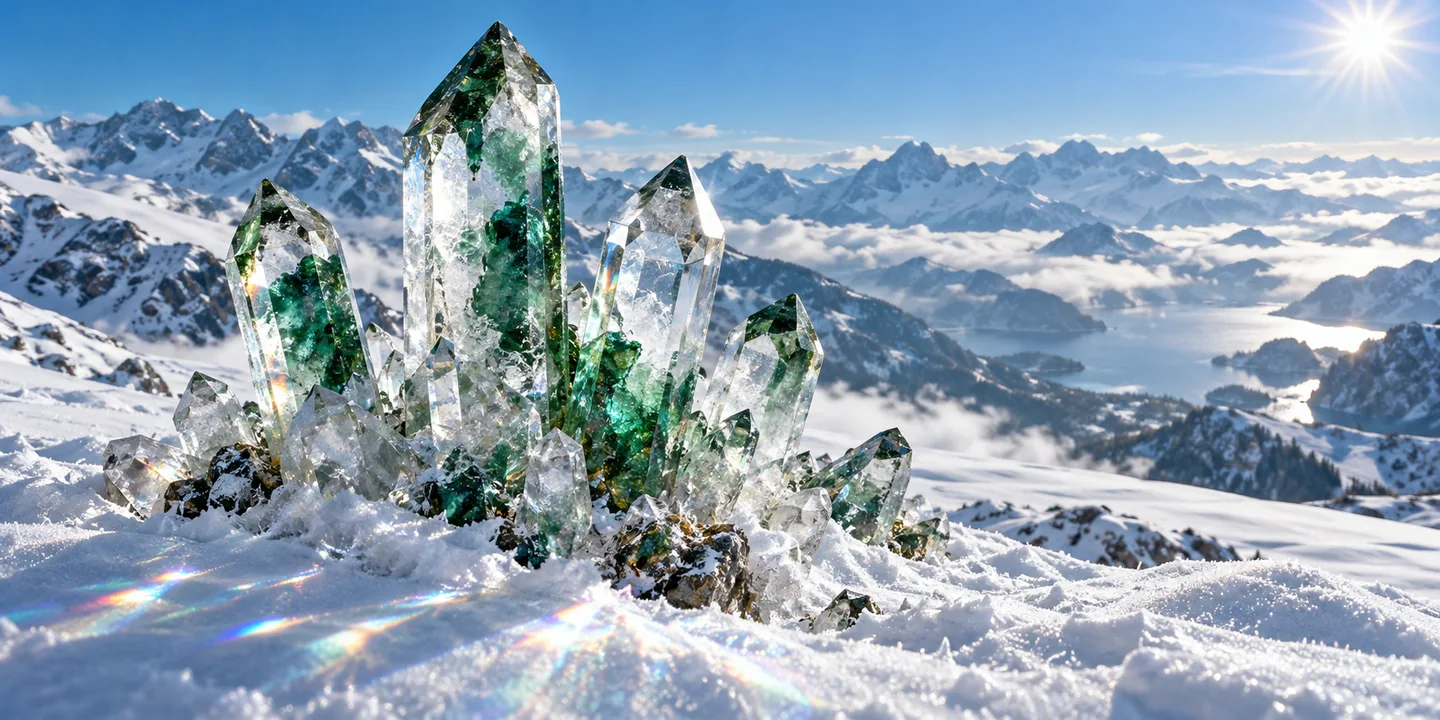 Clear quartz and emerald prisms scattering light across alpine snow