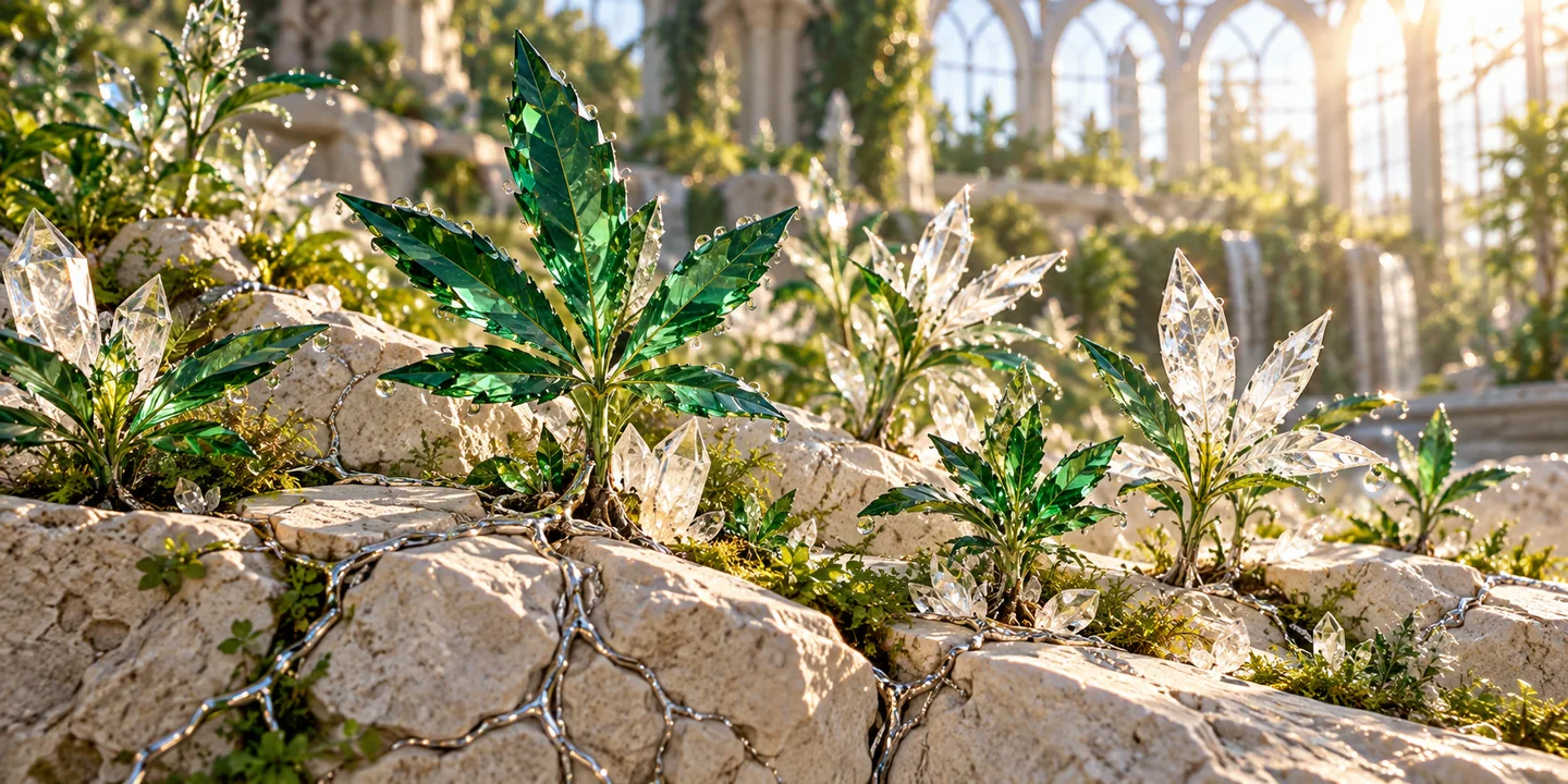 Emerald and quartz leaves growing together in a sunlit stone garden