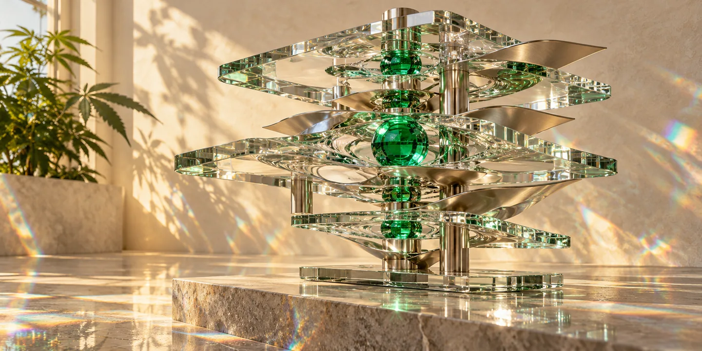 Precision crystal layers and emerald cores in a sculptural assembly