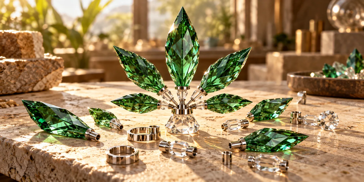 Faceted emerald leaves and quartz connectors on an artisan workbench