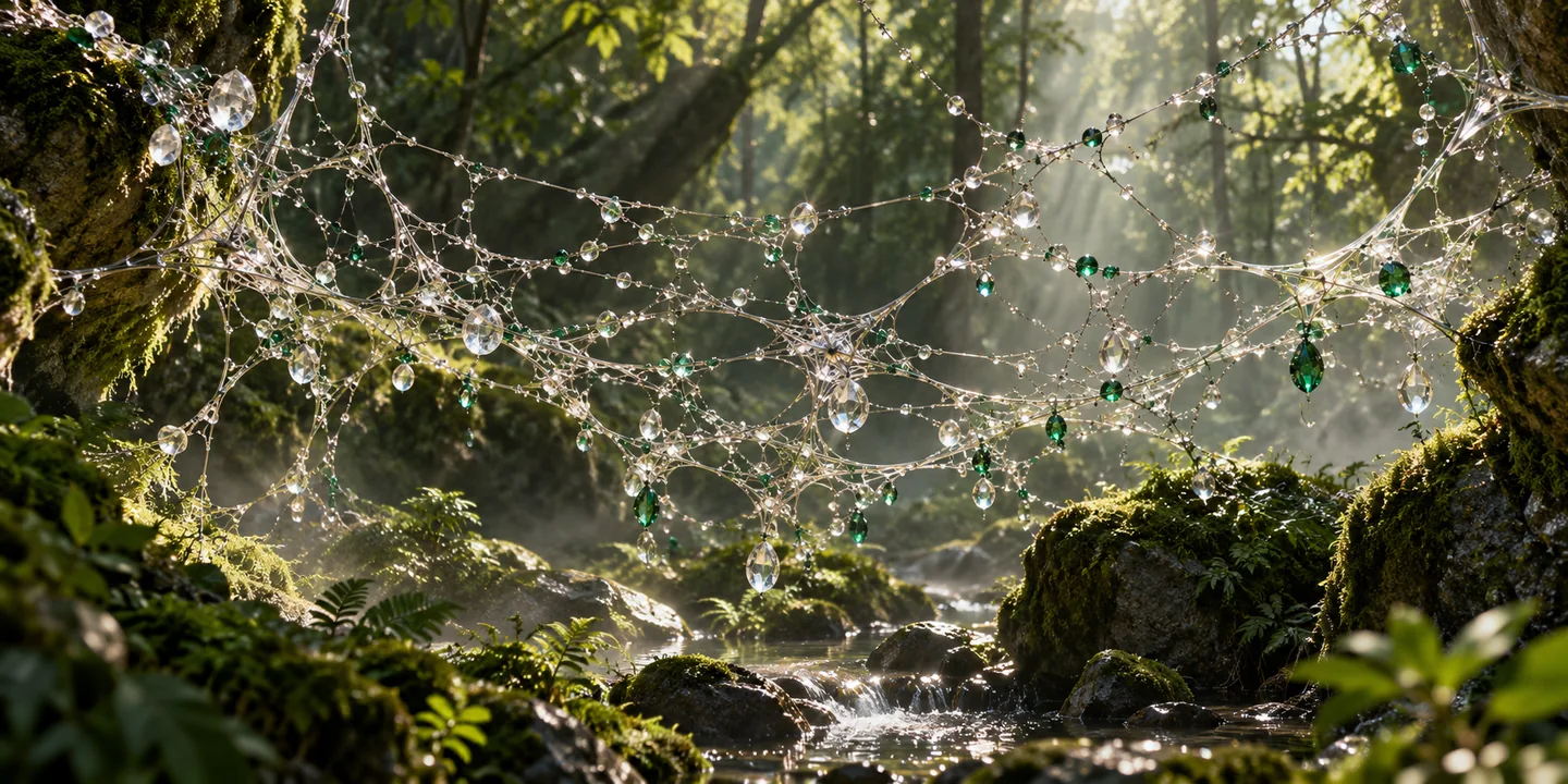 Fine silver branches and crystal droplets suspended in a sunlit forest