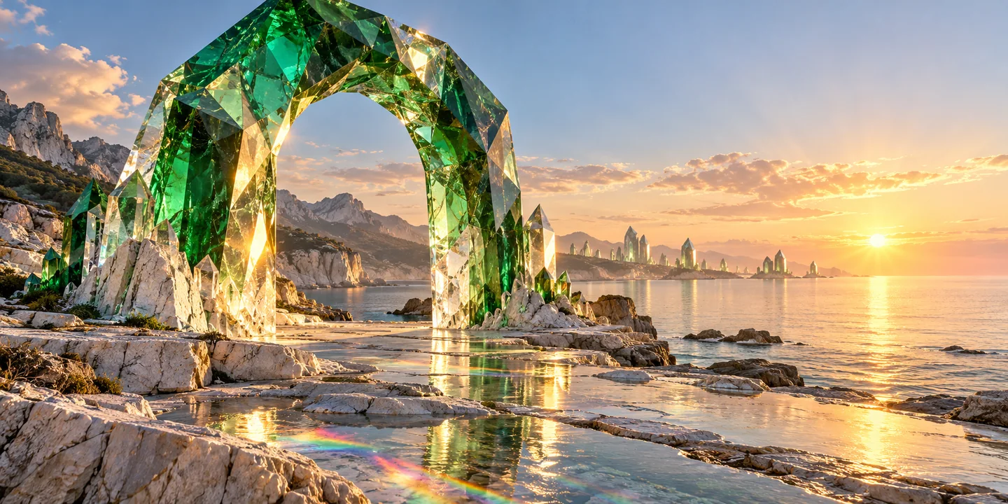 A monumental emerald arch beside a sunlit sea