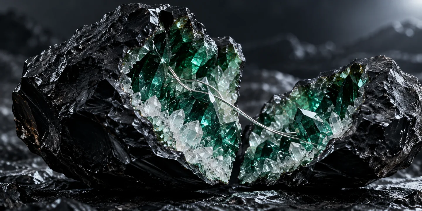 Moonlit obsidian opening onto luminous emerald and quartz crystals
