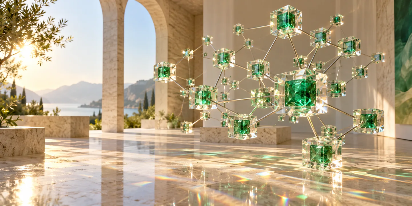 Emerald cores in clear crystal cubes connected into a branching sculpture