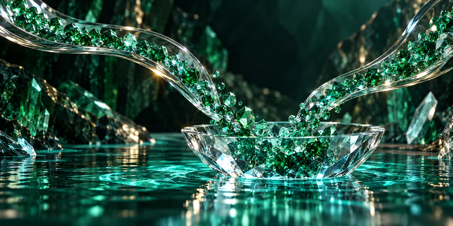 Two glass streams carrying emerald crystals into a shared basin