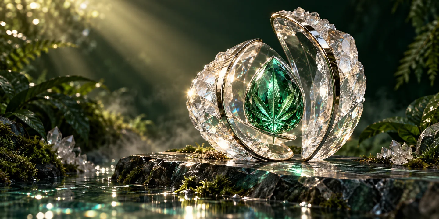 An emerald seed sheltered inside luminous nested crystal shells